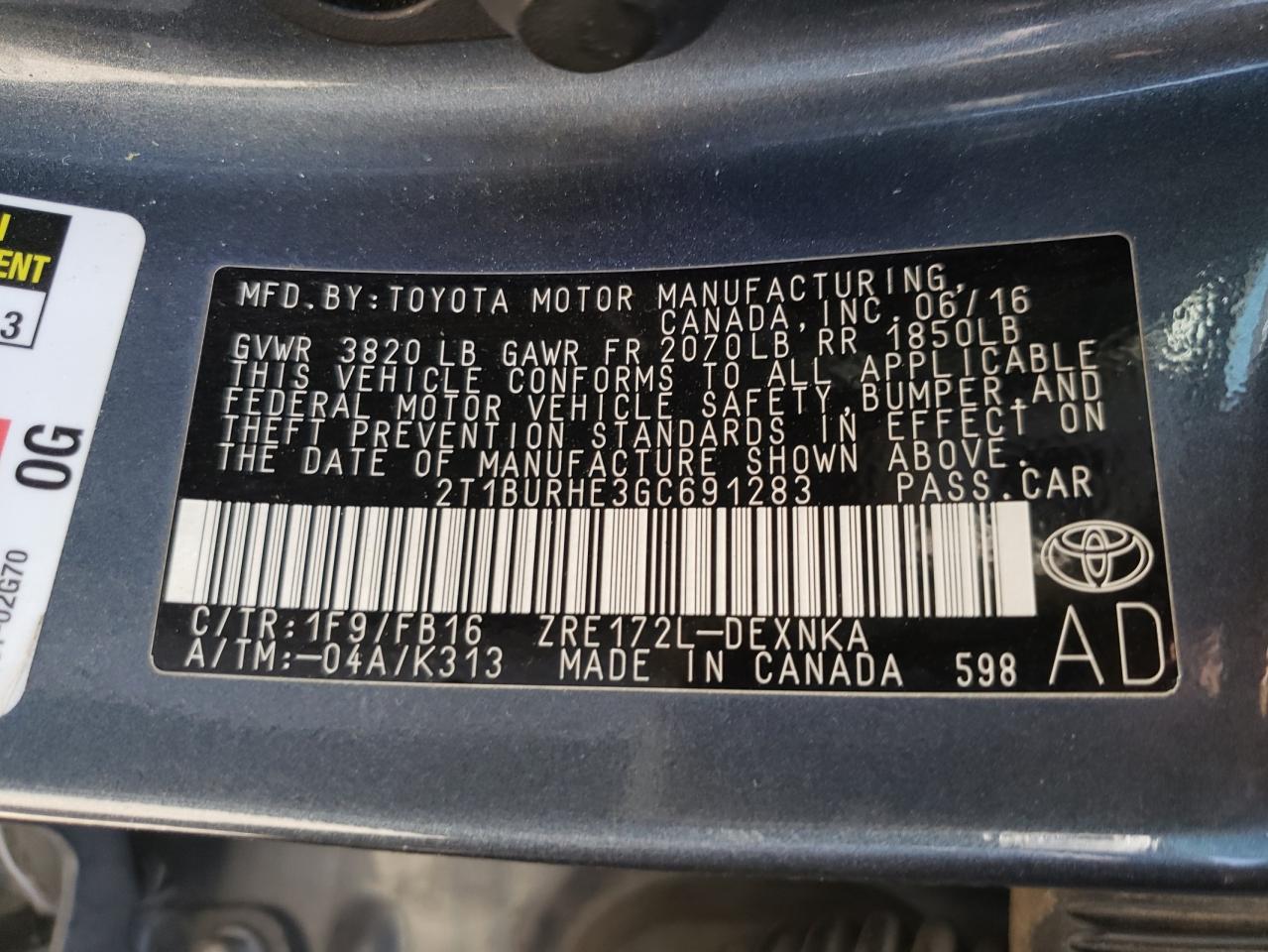 Photo 10 from auction – 2016 TOYOTA COROLLA L with VIN 2T1BURHE3GC691283