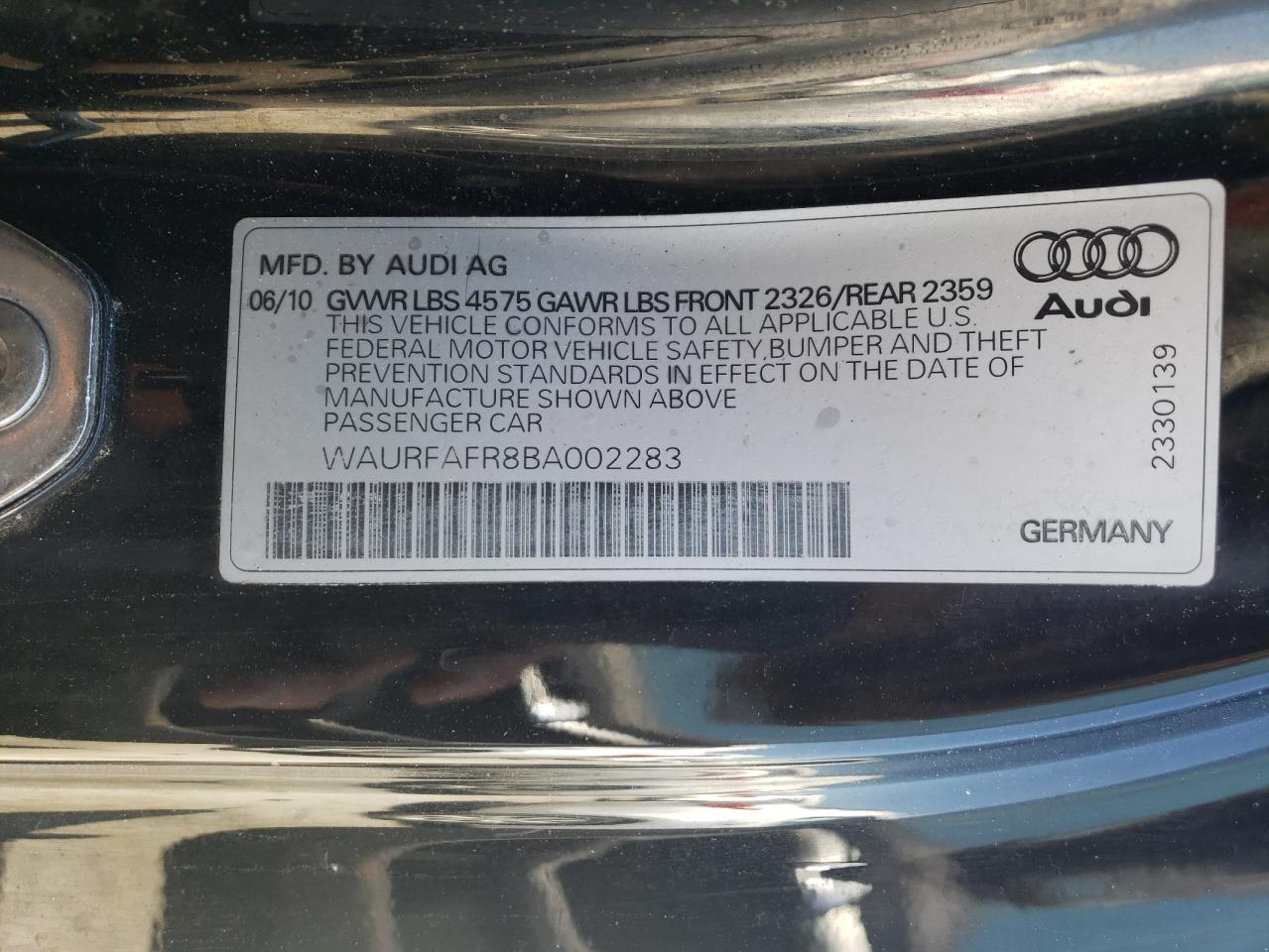 Photo 10 from auction – 2011 AUDI A5 PREMIUM with VIN WAURFAFR8BA002283