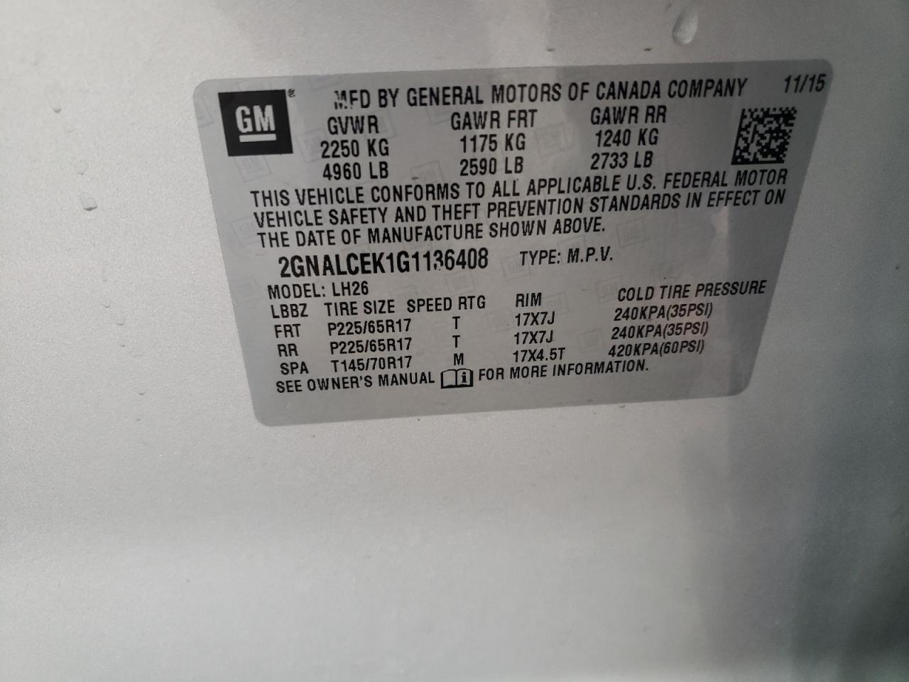 Photo 10 from auction – 2016 CHEVROLET EQUINOX LT with VIN 2GNALCEK1G1136408