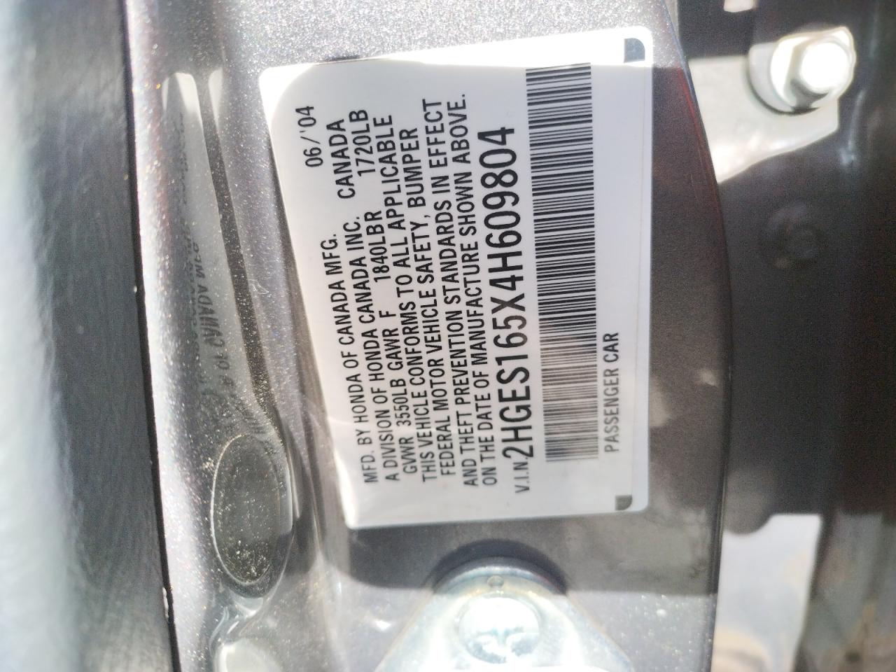 Photo 10 from auction – 2004 HONDA CIVIC with VIN 2HGES165X4H609804