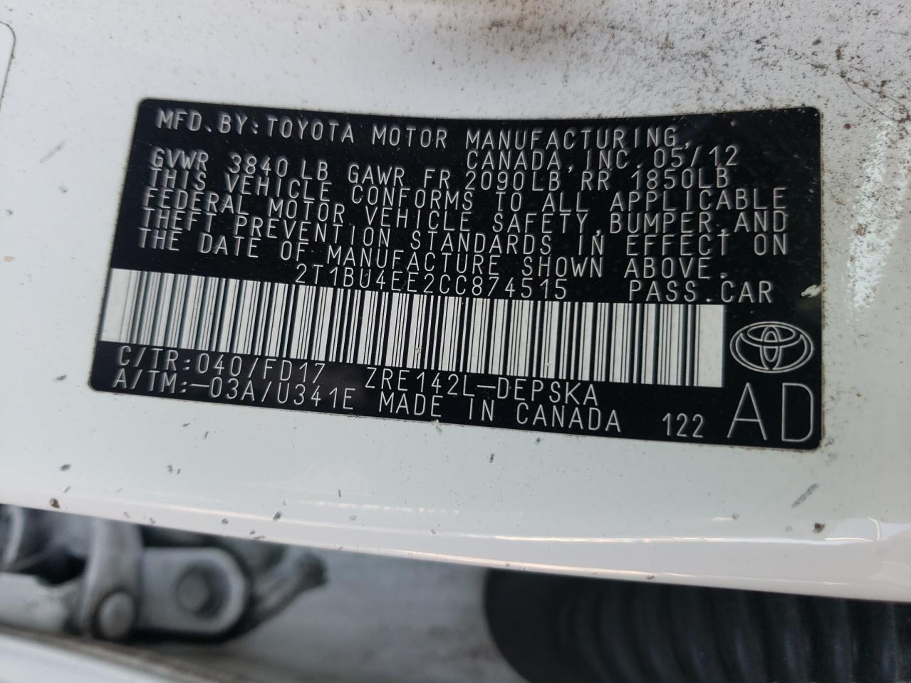 Photo 10 from auction – 2012 TOYOTA COROLLA BA with VIN 2T1BU4EE2CC874515