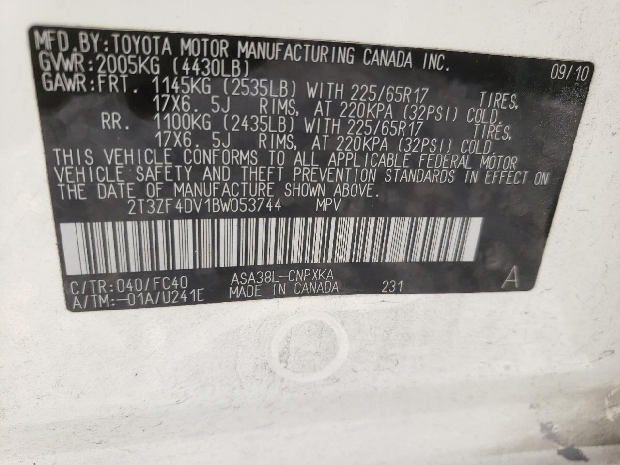 Foto 10 de la subasta – 2011 TOYOTA RAV4 con VIN 2T3ZF4DV1BW053744