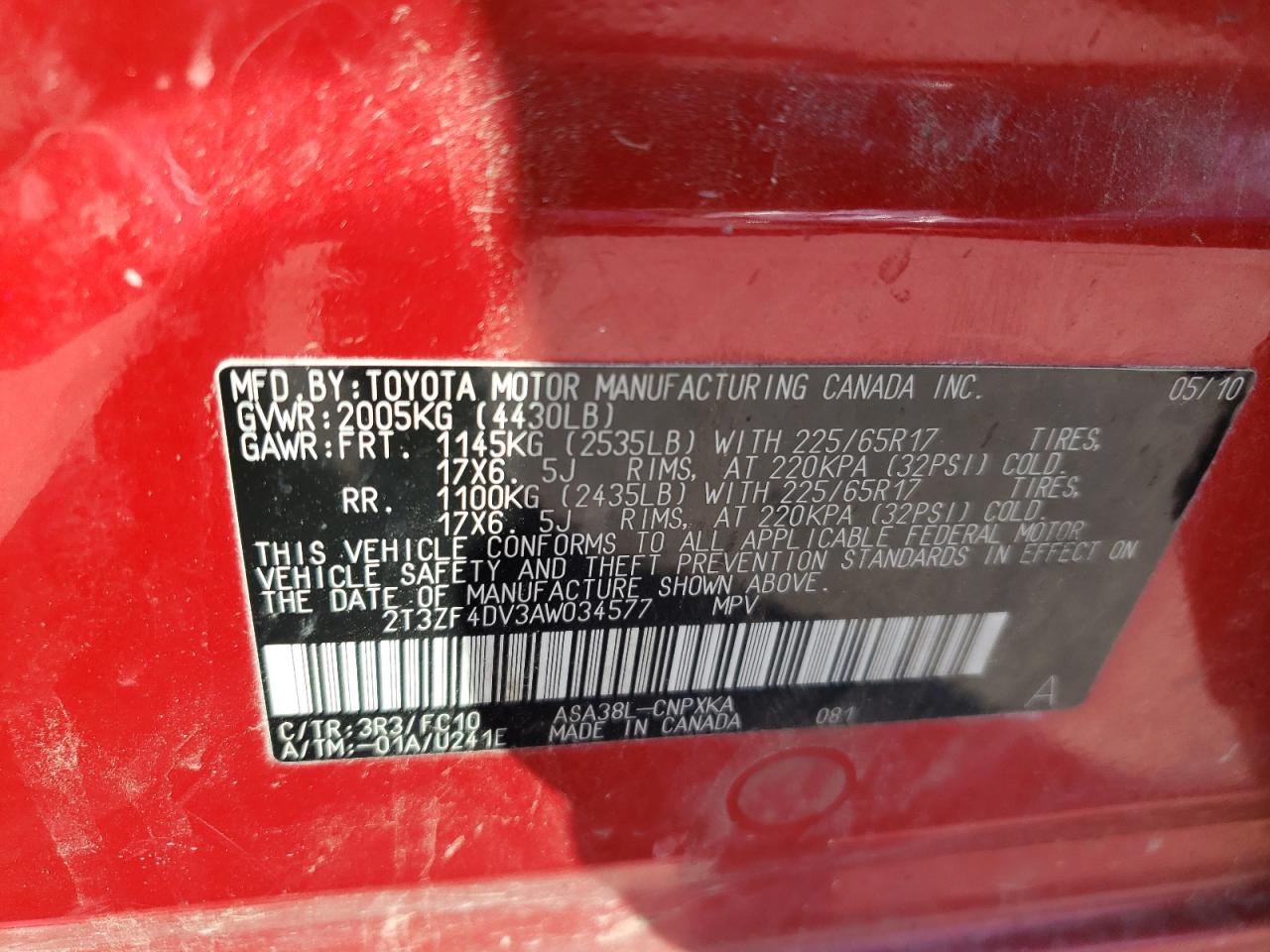 Photo 10 from auction – 2010 TOYOTA RAV4 with VIN 2T3ZF4DV3AW034577