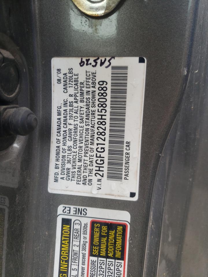 Photo 10 from auction – 2008 HONDA CIVIC EX with VIN 2HGFG12828H580889
