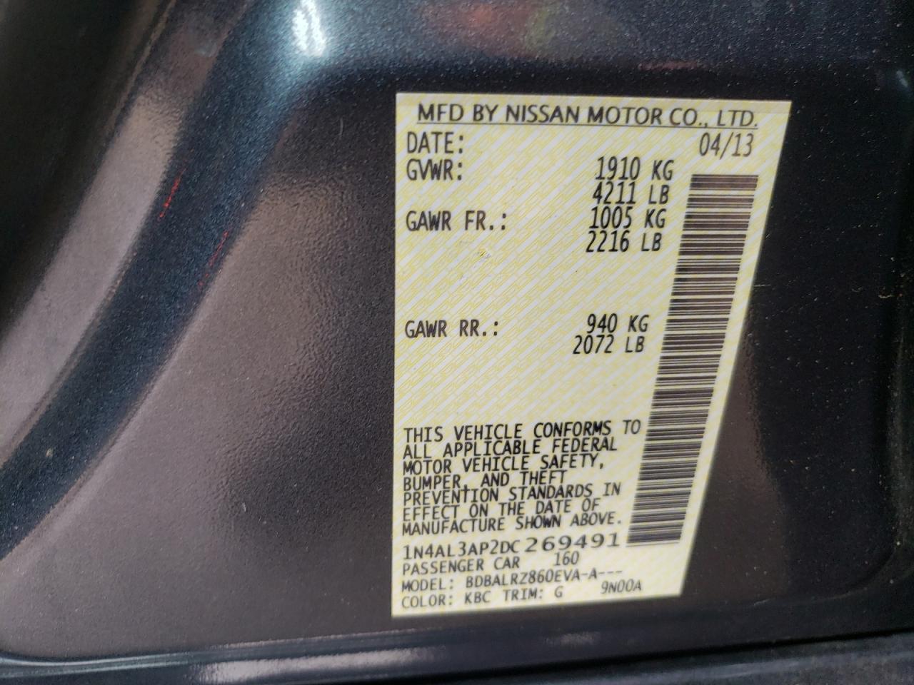 Photo 10 from auction – 2013 NISSAN ALTIMA 2.5 with VIN 1N4AL3AP2DC269491