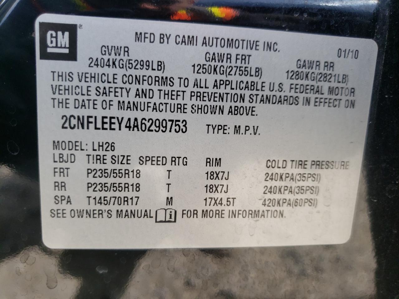Photo 10 from auction – 2010 CHEVROLET EQUINOX LT with VIN 2CNFLEEY4A6299753