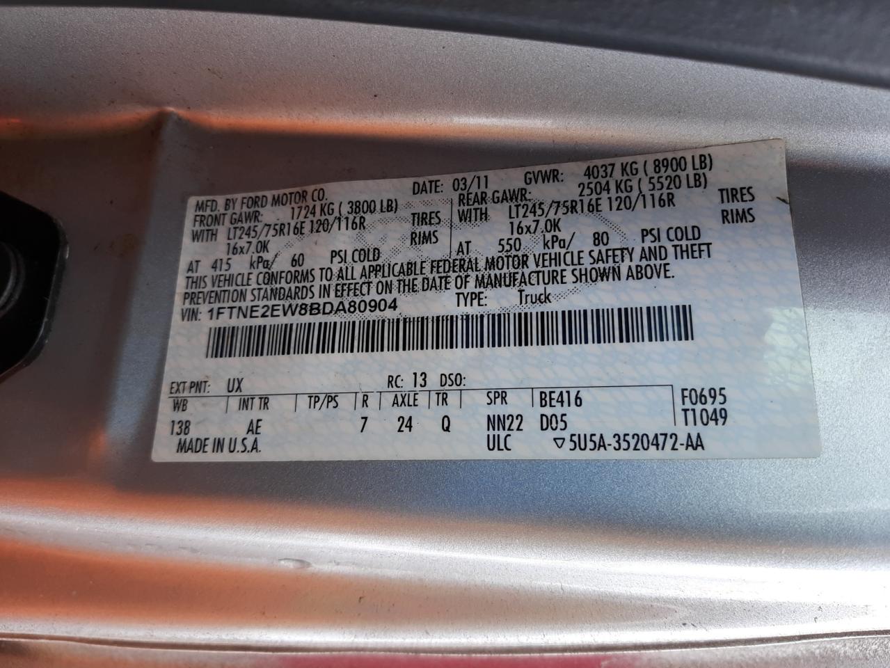 Photo 10 from auction – 2011 FORD ECONOLINE with VIN 1FTNE2EW8BDA80904