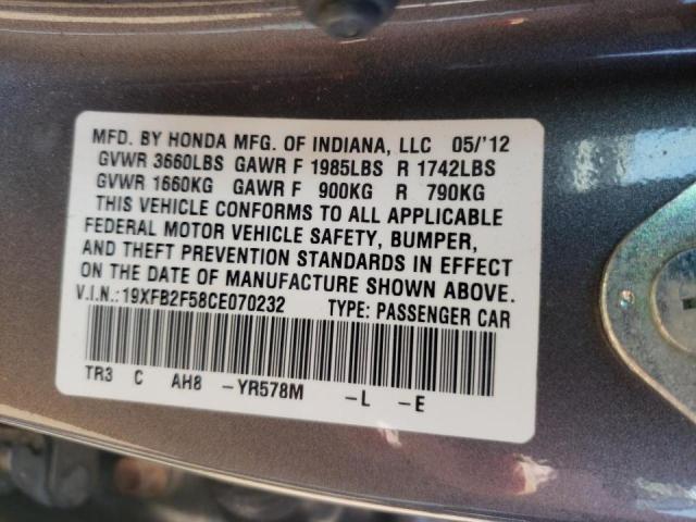 Photo 10 from auction – 2012 HONDA CIVIC LX with VIN 19XFB2F58CE070232