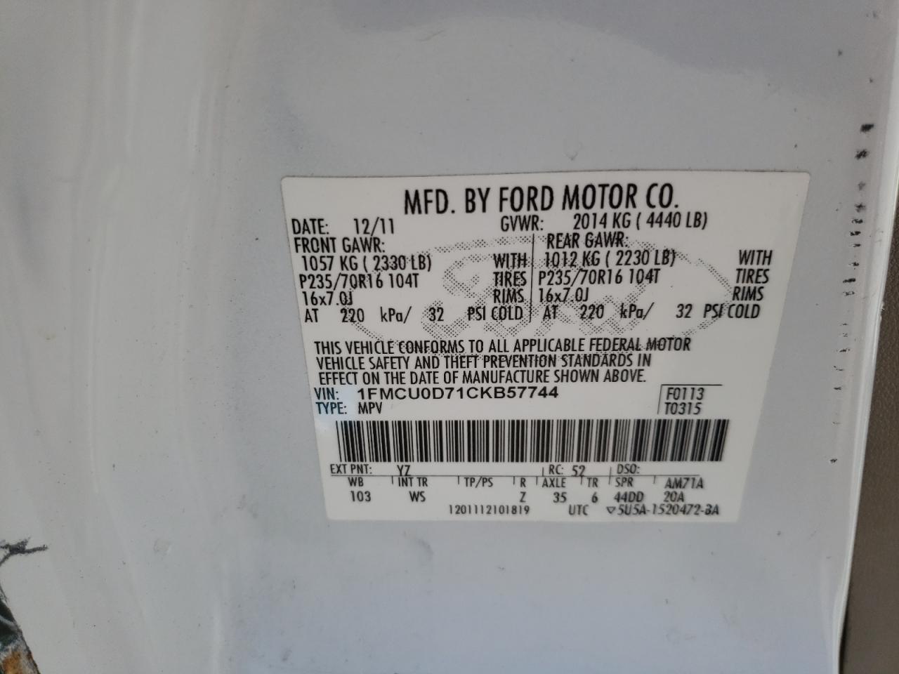 Photo 10 from auction – 2012 FORD ESCAPE XLT with VIN 1FMCU0D71CKB57744