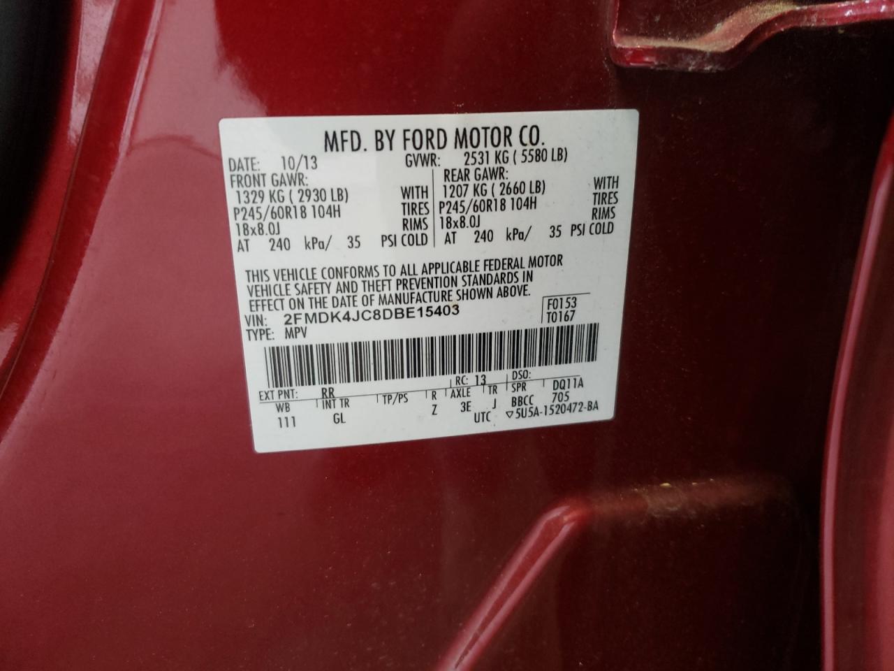 Photo 10 from auction – 2013 FORD EDGE SEL with VIN 2FMDK4JC8DBE15403