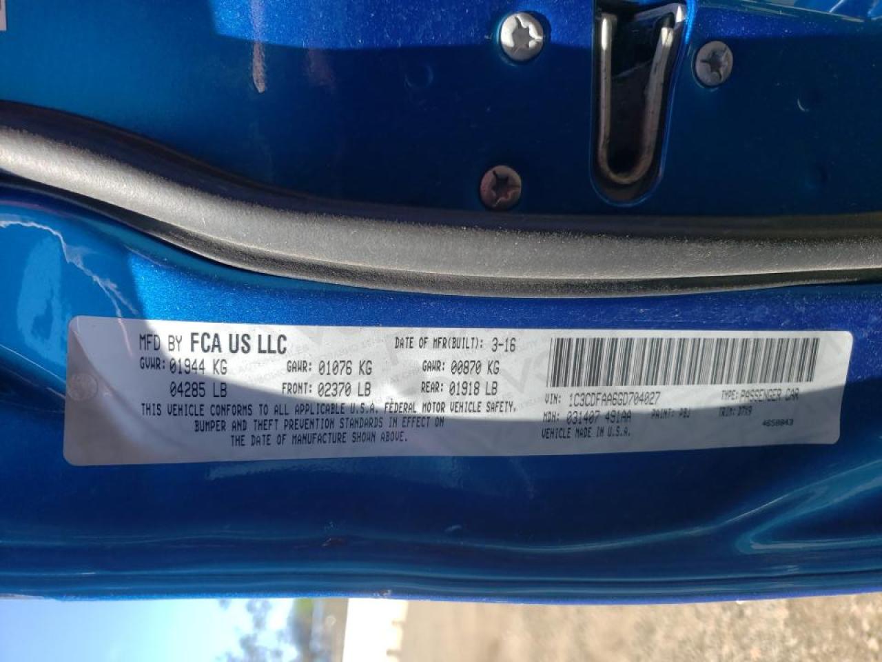 Photo 10 from auction – 2016 DODGE DART SE with VIN 1C3CDFAA6GD704027