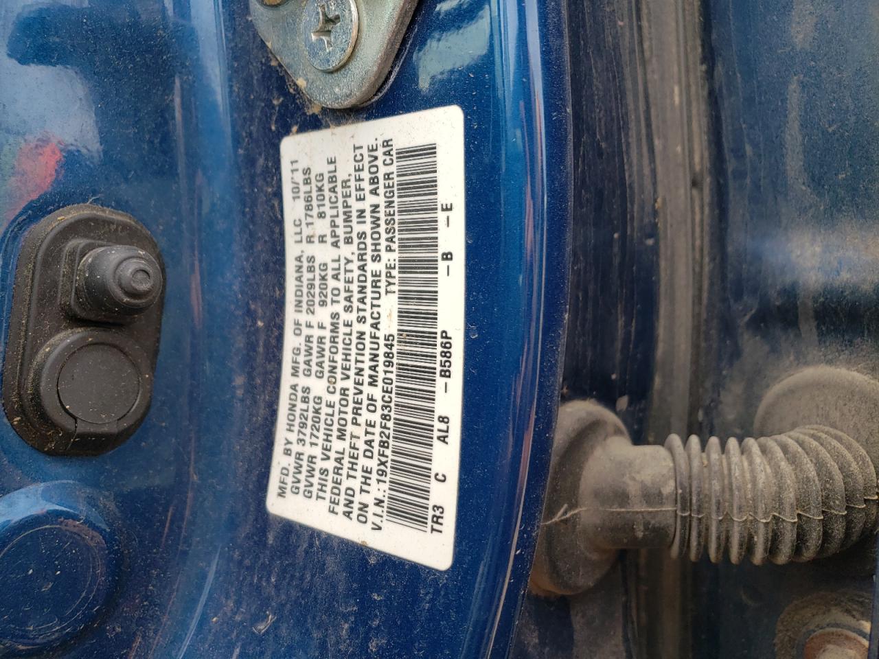 Photo 10 from auction – 2012 HONDA CIVIC EX with VIN 19XFB2F83CE019845