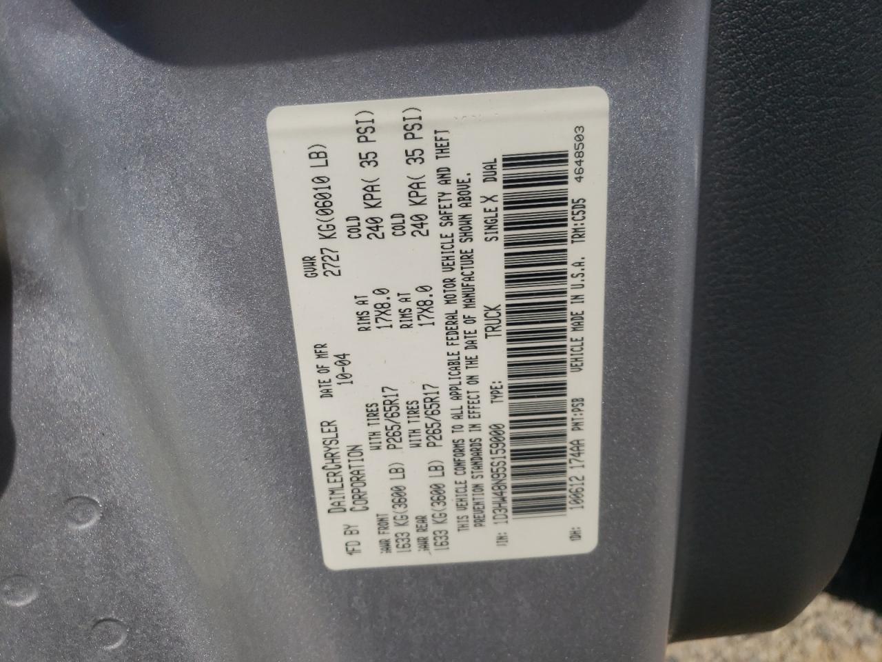 Photo 10 from auction – 2005 DODGE DAKOTA QUA with VIN 1D3HW48N95S159000