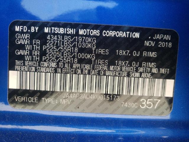 Photo 10 from auction – 2019 MITSUBISHI OUTLANDER with VIN JA4AP3AU4KU015173