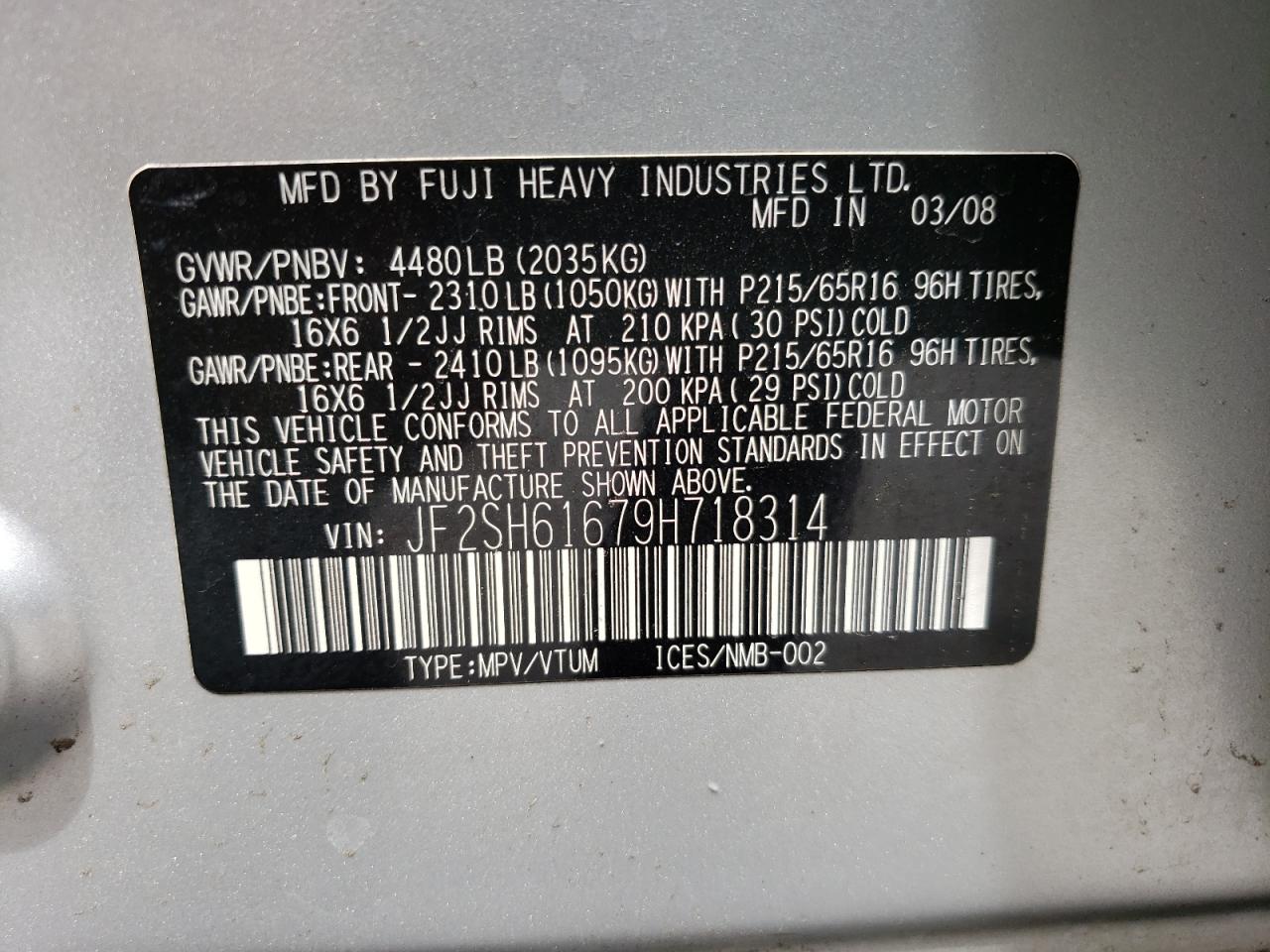 Photo 10 from auction – 2009 SUBARU FORESTER 2 with VIN JF2SH61679H718314