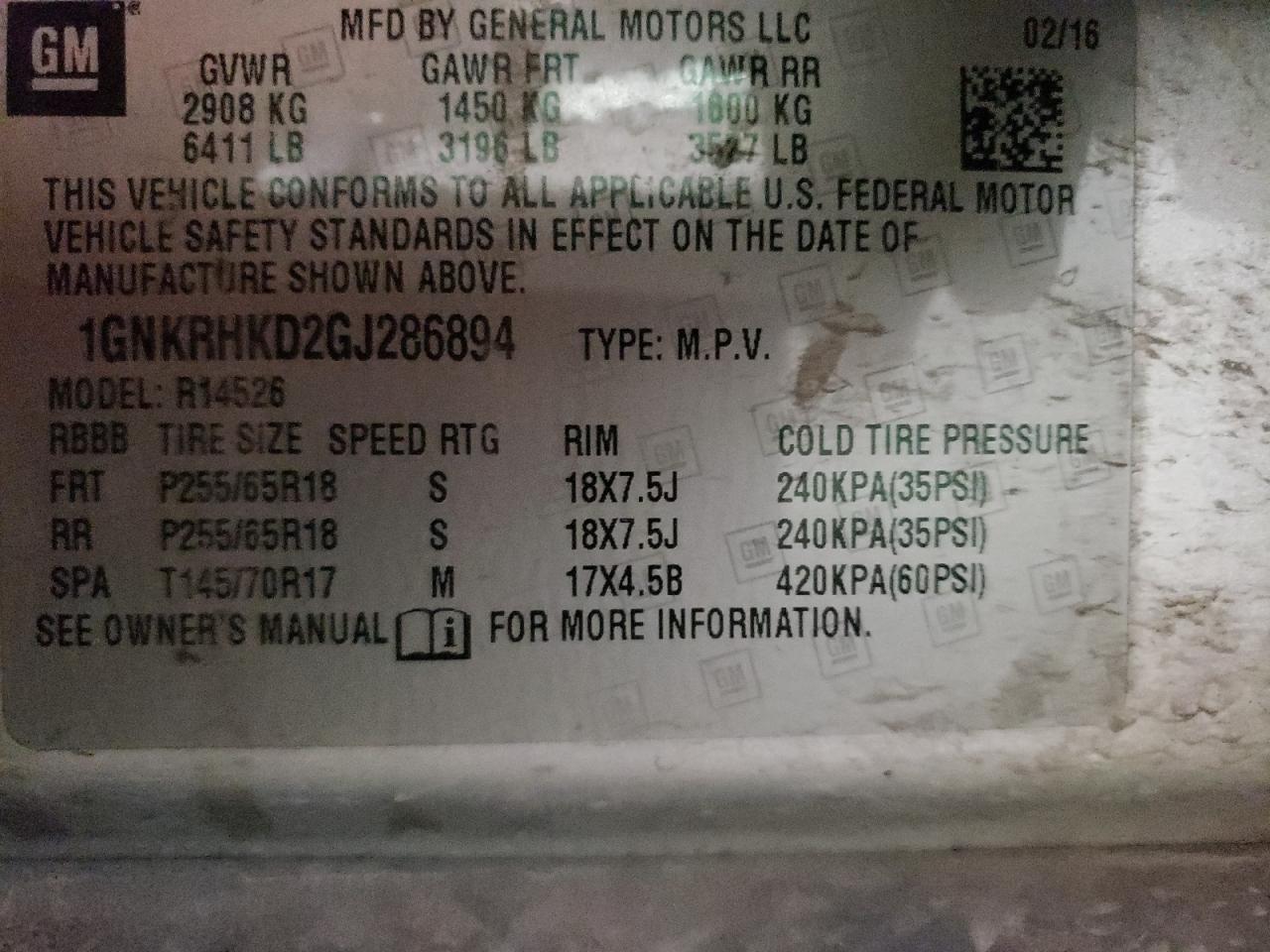 Photo 10 from auction – 2016 CHEVROLET TRAVERSE L with VIN 1GNKRHKD2GJ286894