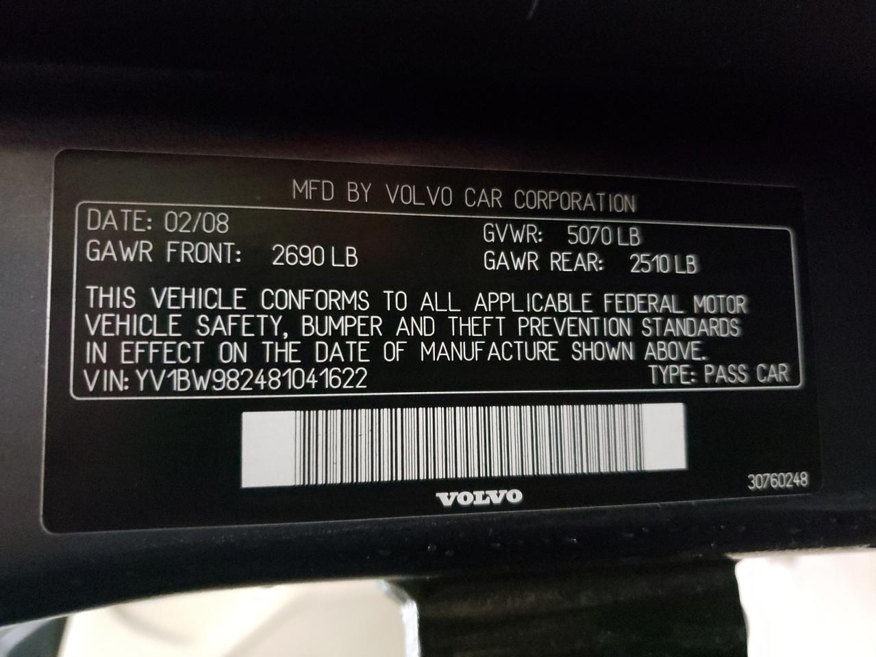 Photo 10 from auction – 2008 VOLVO V70 3.2 with VIN YV1BW982481041622