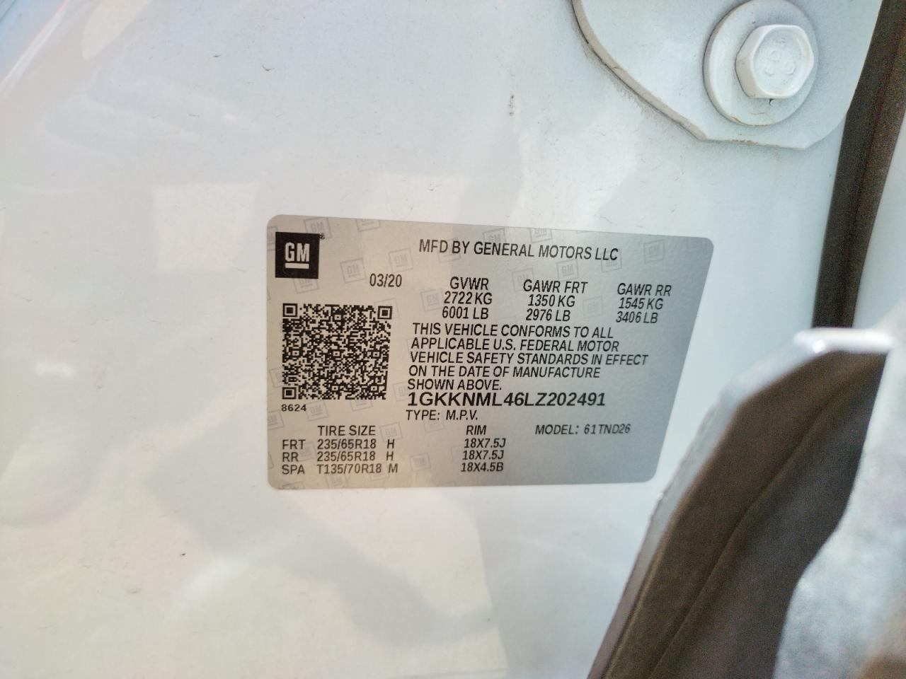 Photo 10 from auction – 2020 GMC ACADIA SLT with VIN 1GKKNML46LZ202491