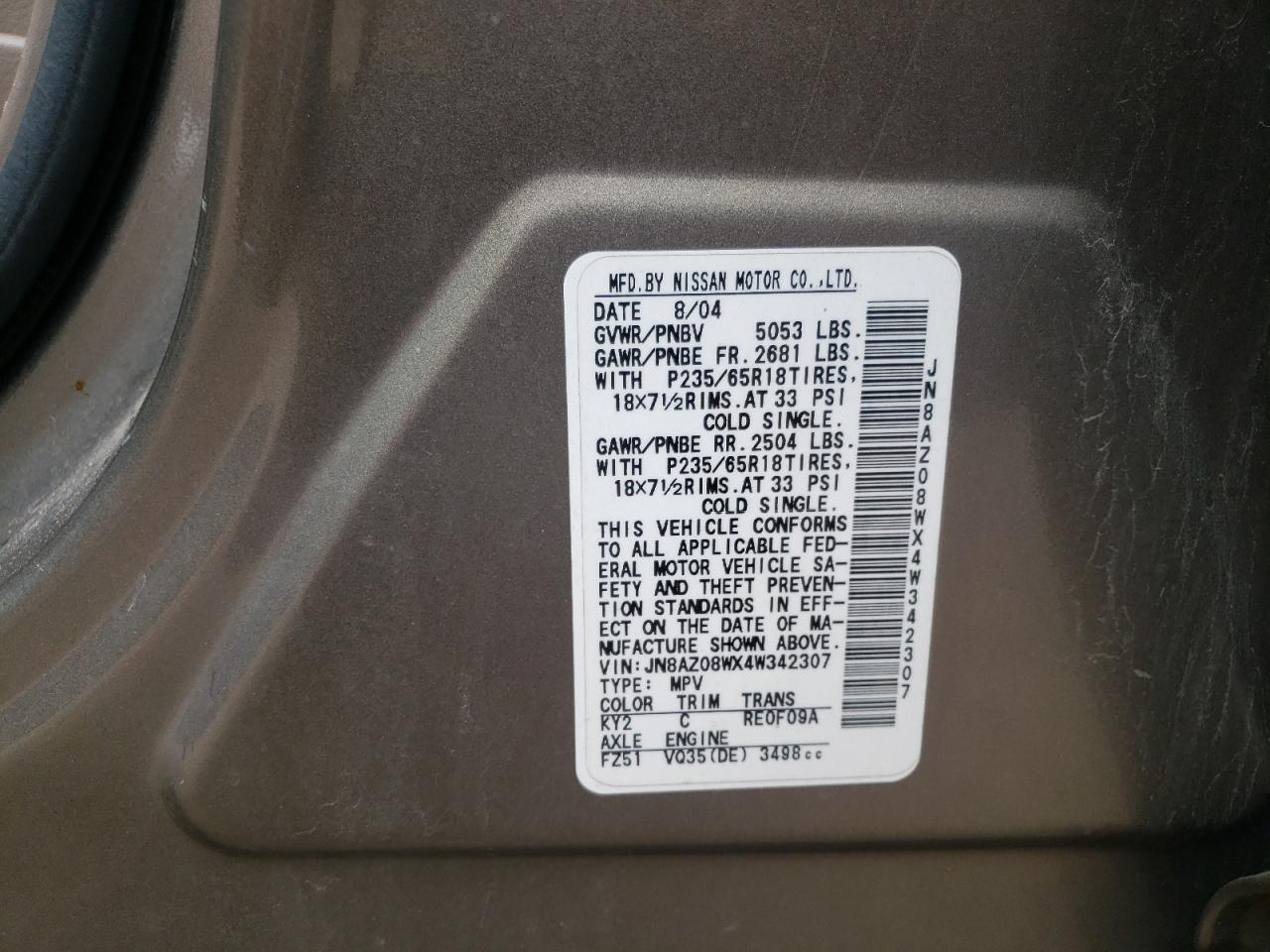 Photo 10 from auction – 2004 NISSAN MURANO with VIN JN8AZ08WX4W342307