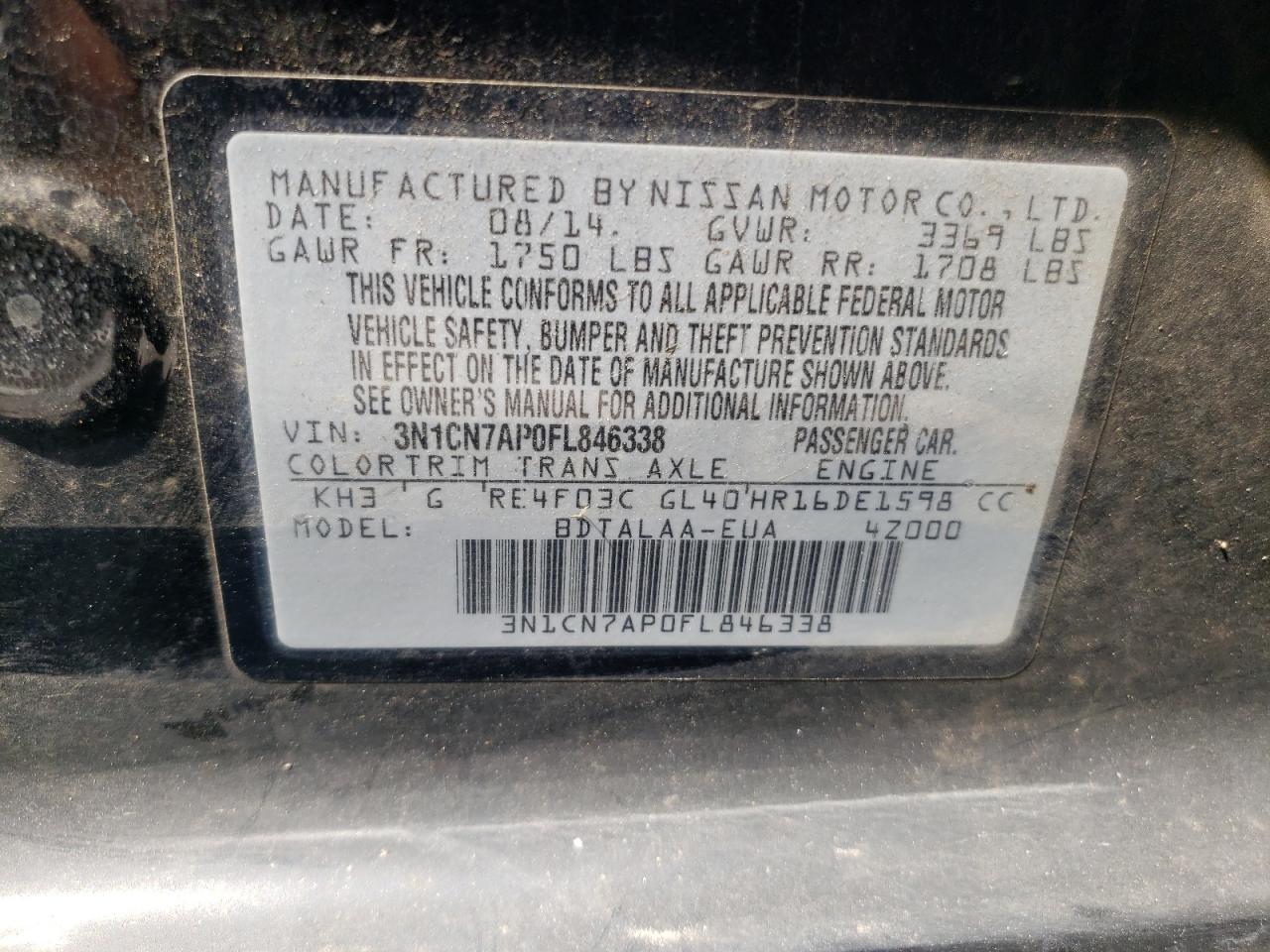 Photo 10 from auction – 2015 NISSAN VERSA S with VIN 3N1CN7AP0FL846338