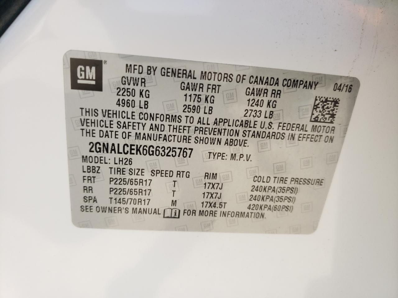 Photo 10 from auction – 2016 CHEVROLET EQUINOX LT with VIN 2GNALCEK6G6325767