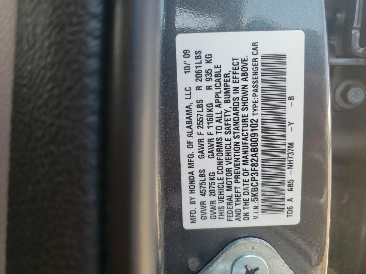 Photo 10 from auction – 2010 HONDA ACCORD EXL with VIN 5KBCP3F82AB009102