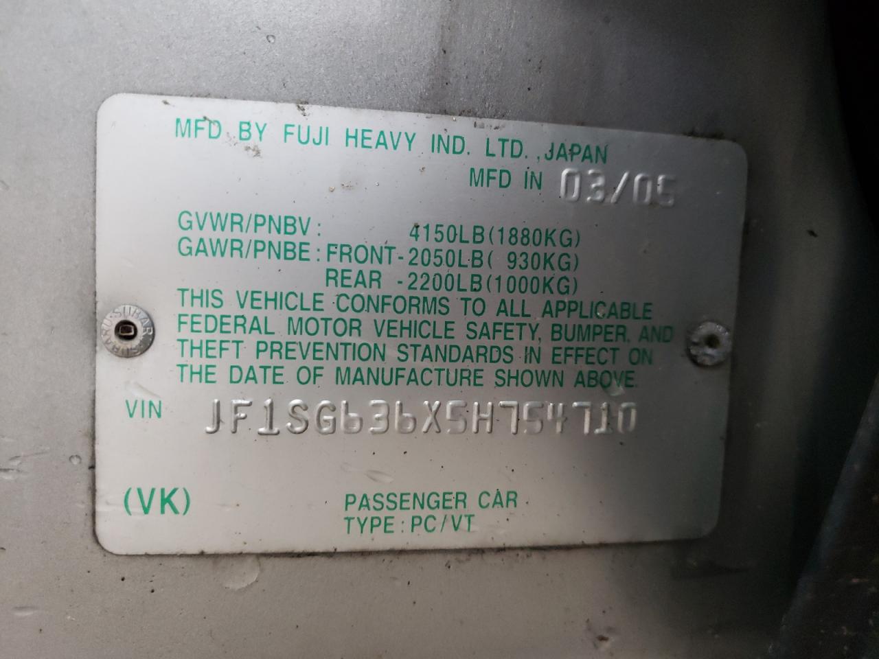 Photo 10 from auction – 2005 SUBARU FORESTER 2 with VIN JF1SG636X5H754710