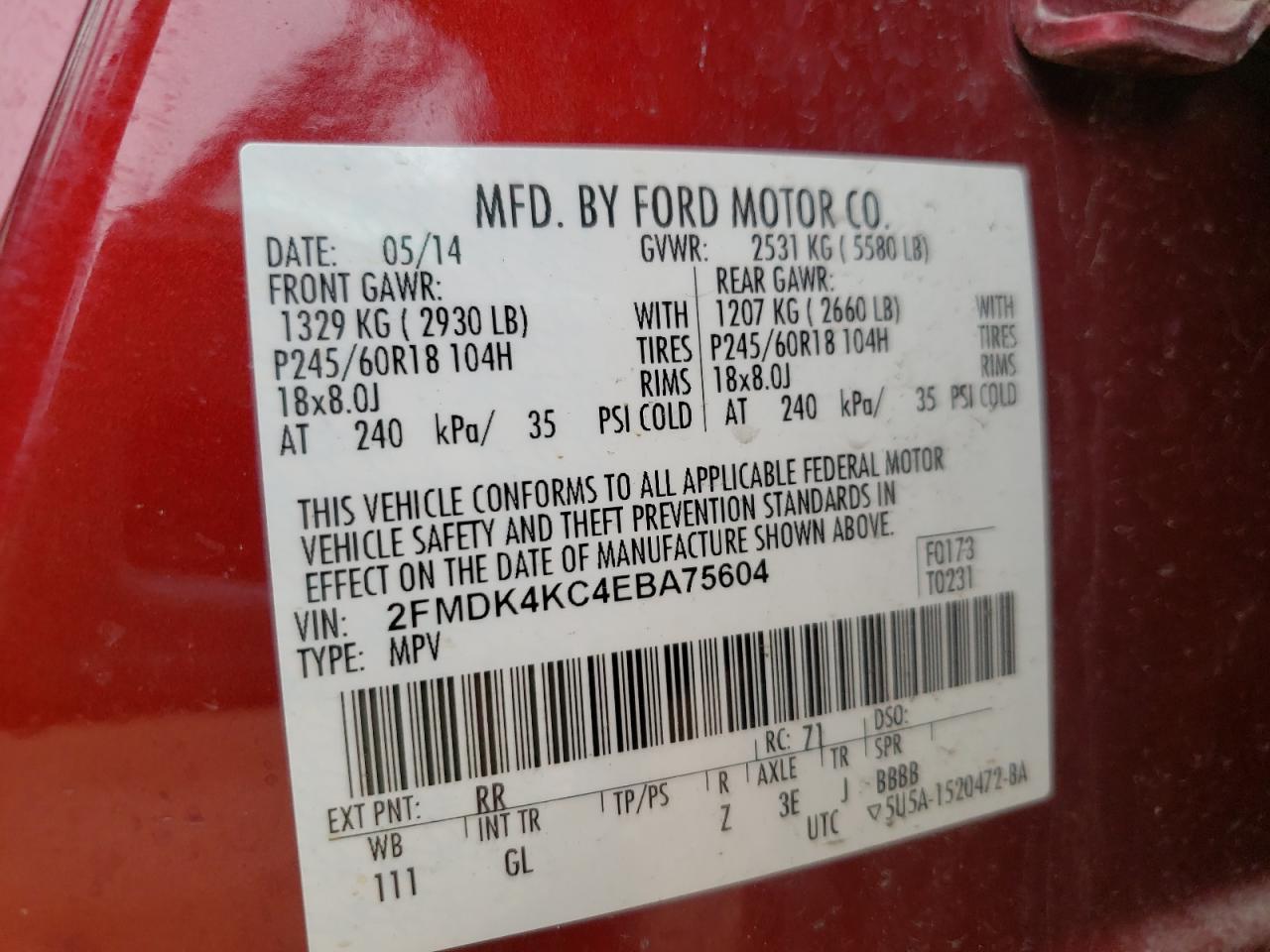 Photo 10 from auction – 2014 FORD EDGE LIMIT with VIN 2FMDK4KC4EBA75604