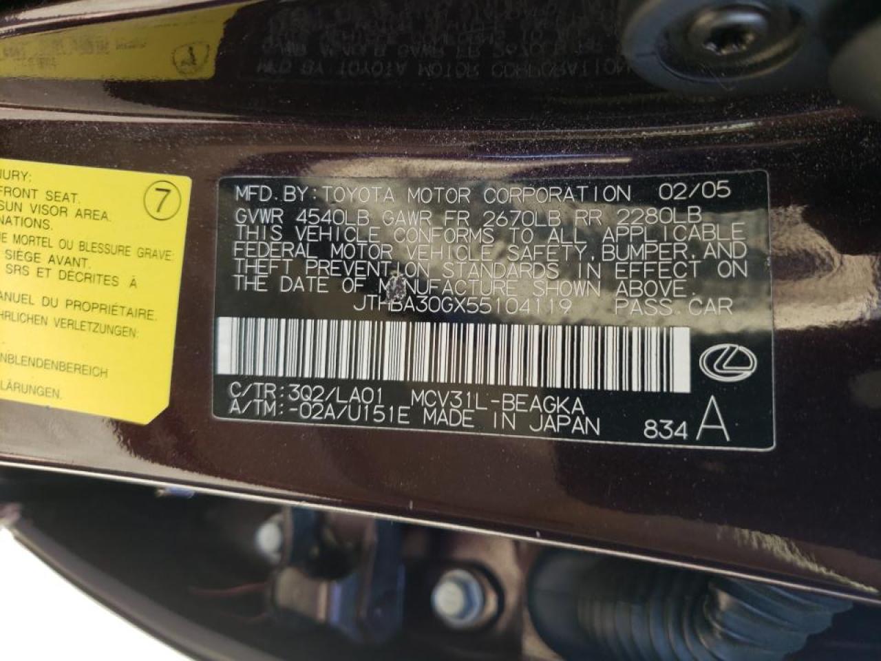 Photo 10 from auction – 2005 LEXUS ES 330 with VIN JTHBA30GX55104119