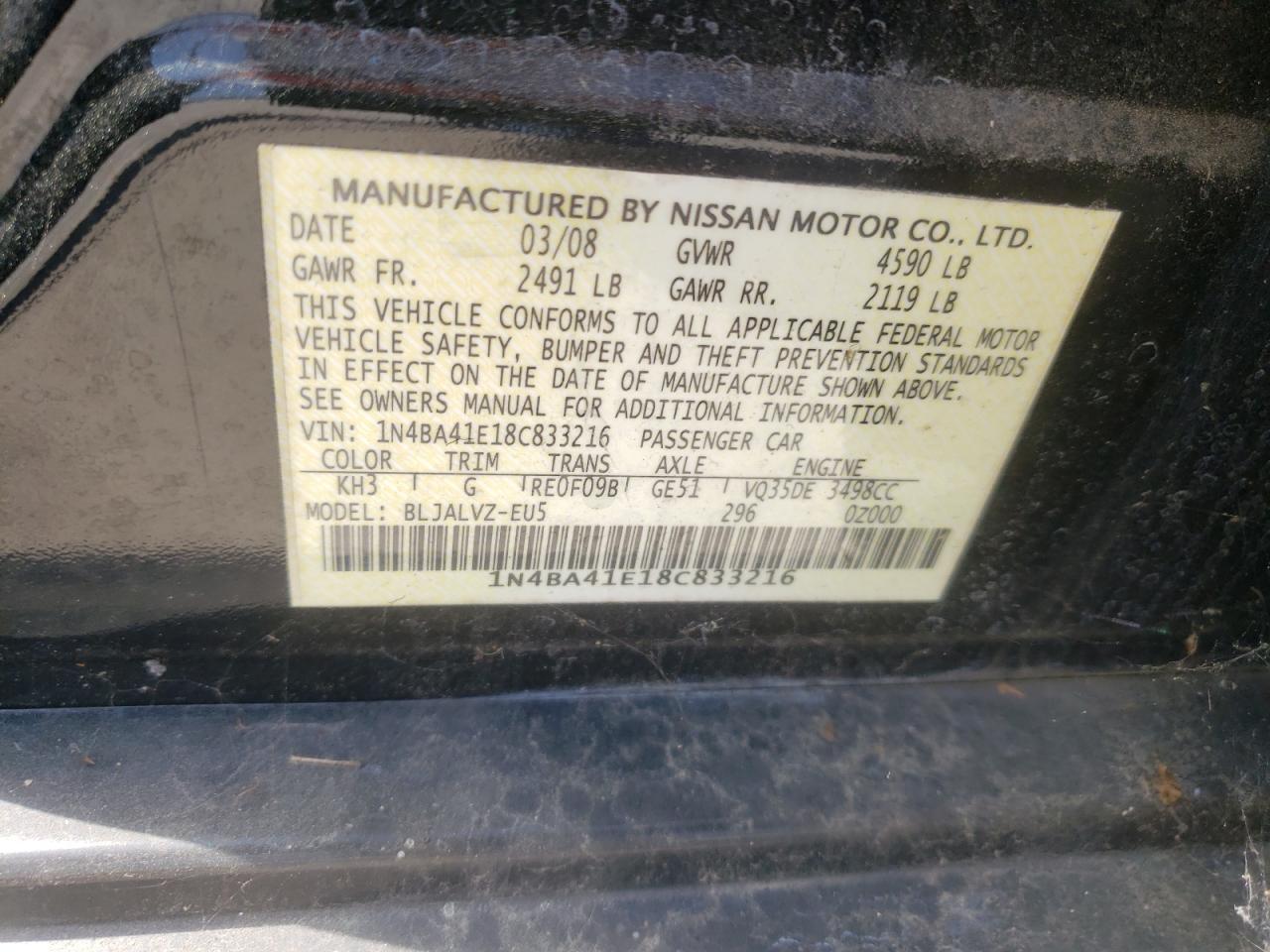 Photo 10 from auction – 2008 NISSAN MAXIMA SE with VIN 1N4BA41E18C833216