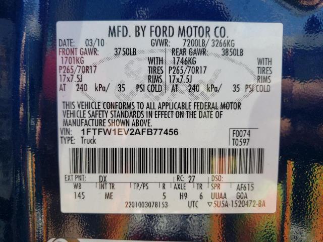Photo 10 from auction – 2010 FORD F150 SUPER with VIN 1FTFW1EV2AFB77456