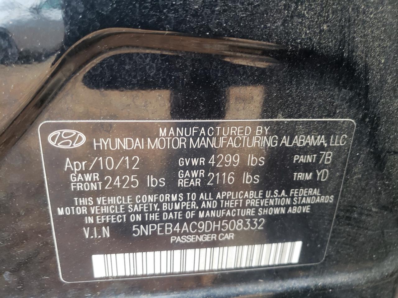 Photo 10 from auction – 2013 HYUNDAI SONATA GLS with VIN 5NPEB4AC9DH508332