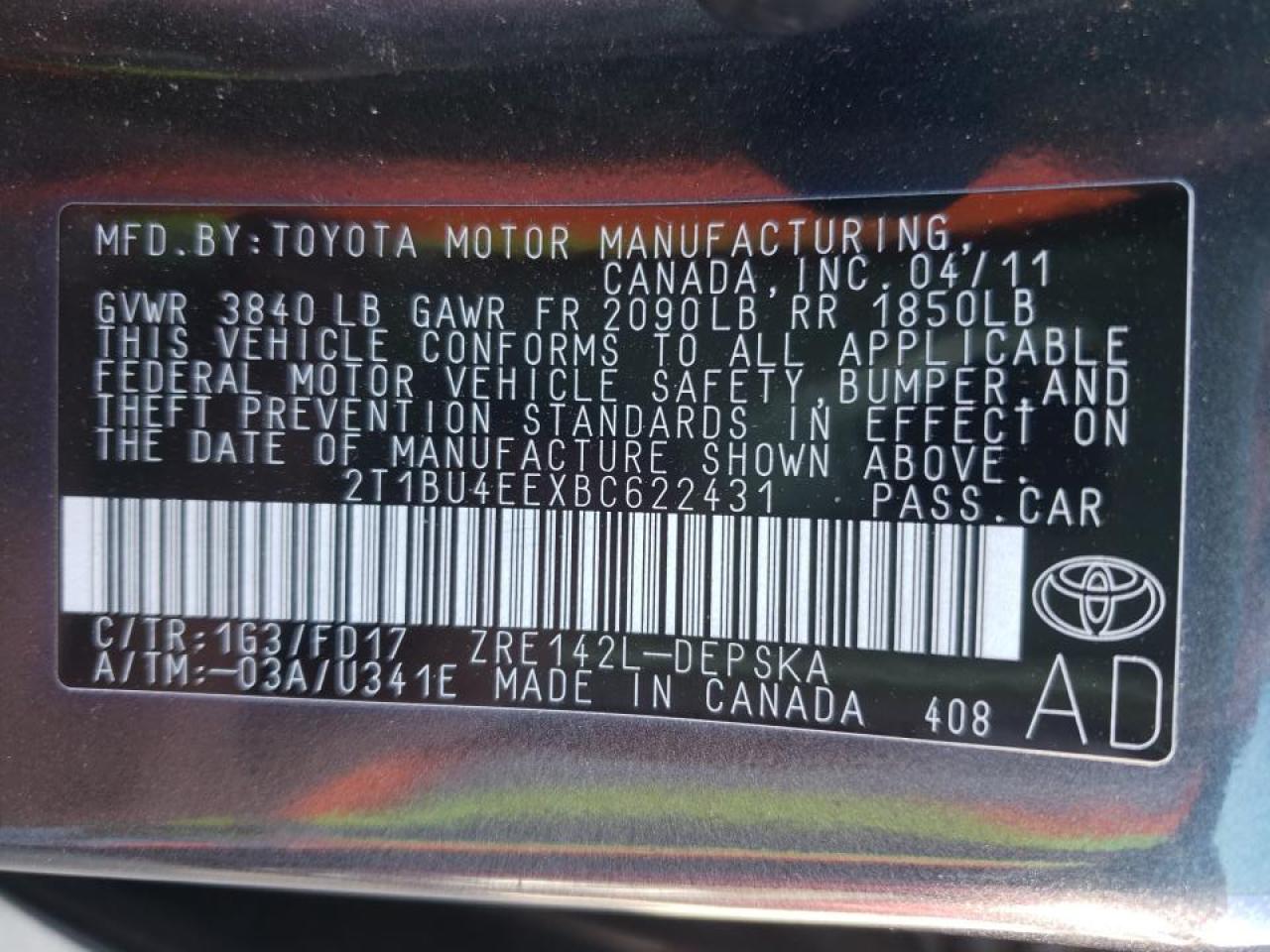 Photo 10 from auction – 2011 TOYOTA COROLLA with VIN 2T1BU4EEXBC622431