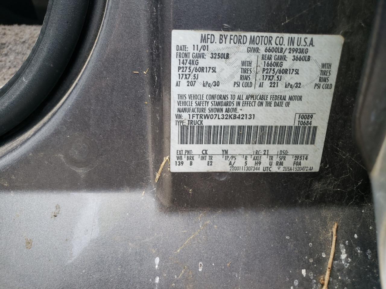 Photo 10 from auction – 2002 FORD F150 SUPER with VIN 1FTRW07L32KB42131