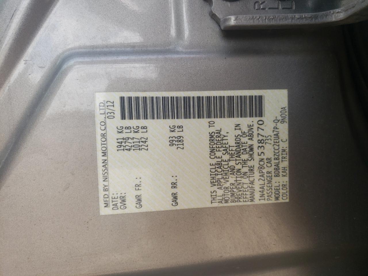 Photo 10 from auction – 2012 NISSAN ALTIMA BAS with VIN 1N4AL2AP8CN538770