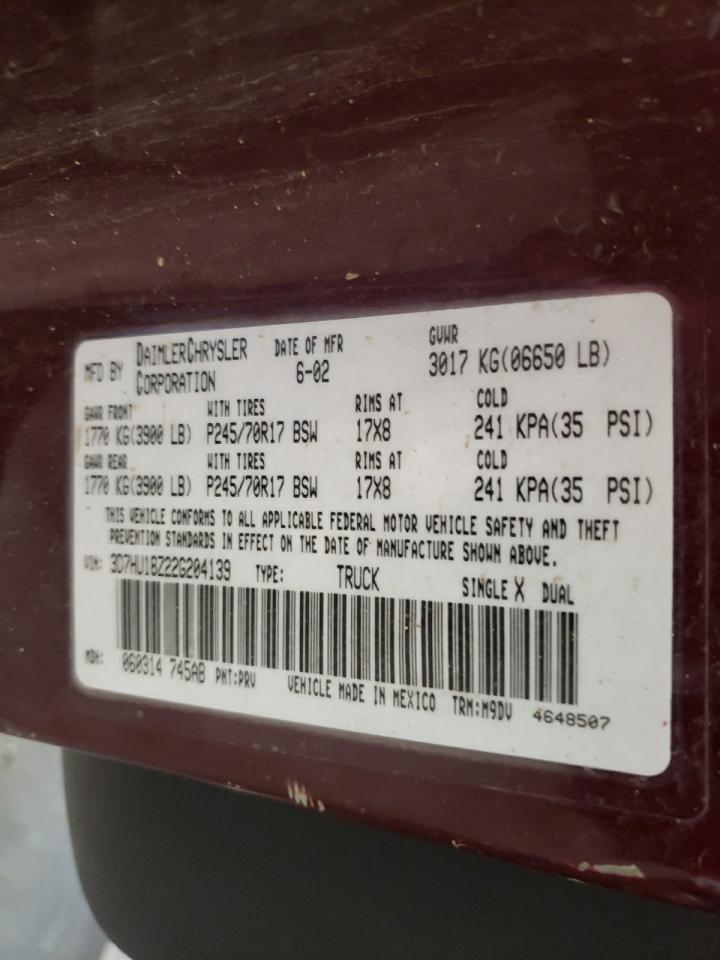 Photo 11 from auction – 2002 DODGE RAM 1500 with VIN 3D7HU18Z22G204139