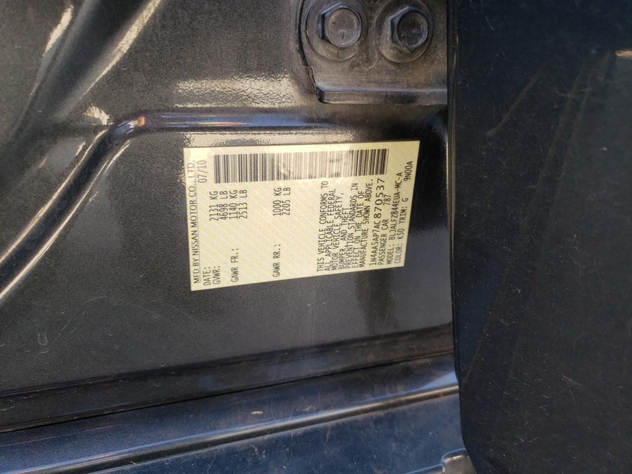 Photo 10 from auction – 2010 NISSAN MAXIMA S with VIN 1N4AA5AP7AC870537