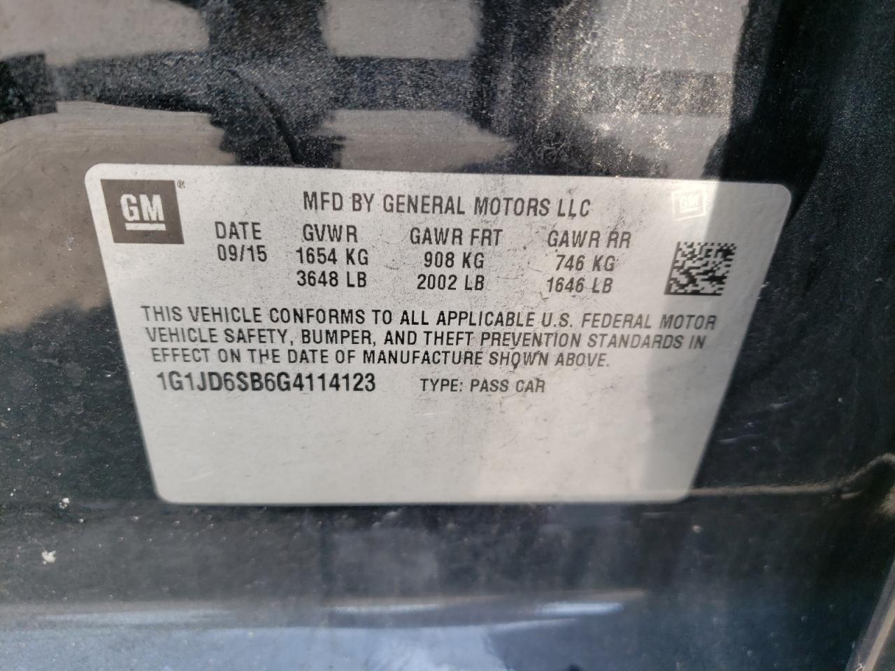 Photo 10 from auction – 2016 CHEVROLET SONIC LT with VIN 1G1JD6SB6G4114123
