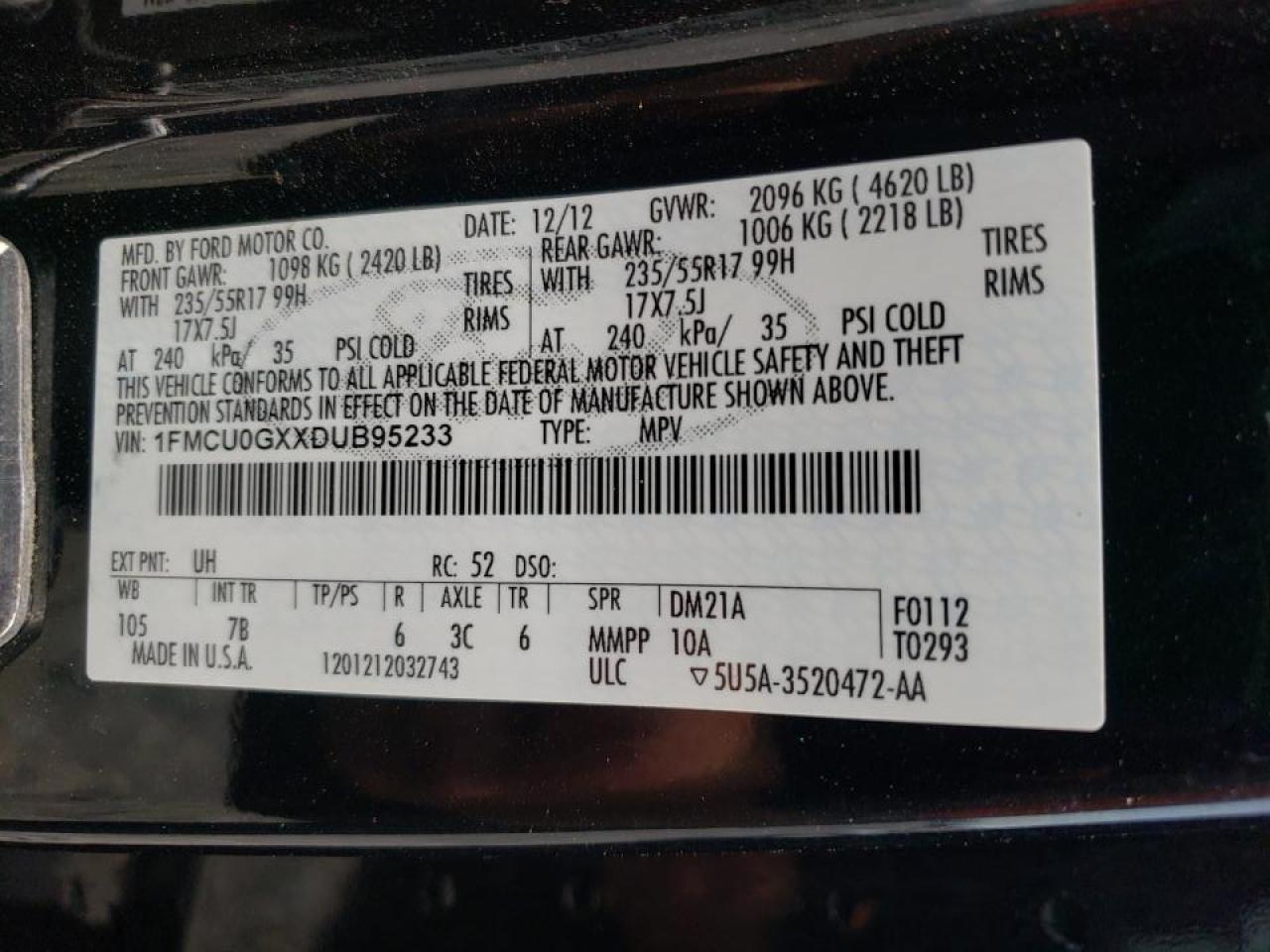 Photo 10 from auction – 2013 FORD ESCAPE SE with VIN 1FMCU0GXXDUB95233