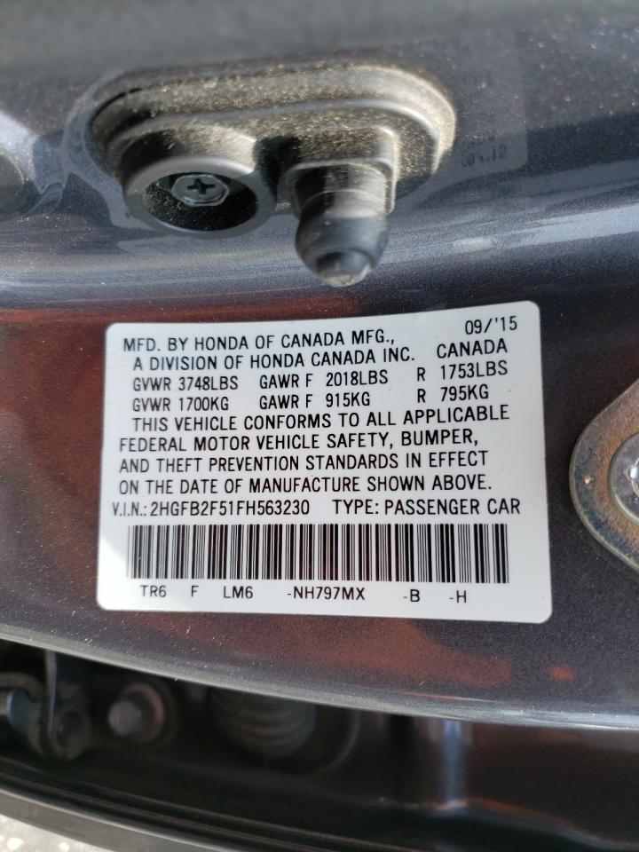 Photo 10 from auction – 2015 HONDA CIVIC LX with VIN 2HGFB2F51FH563230