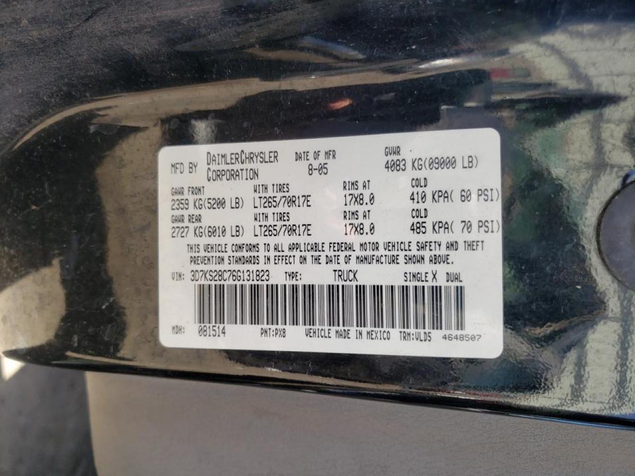 Photo 18 from auction – 2006 DODGE RAM 2500 S with VIN 3D7KS28C76G131823