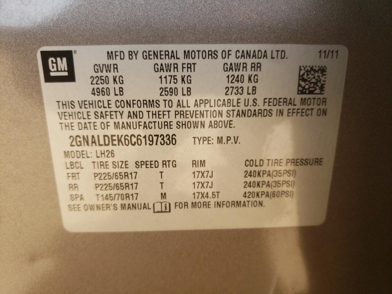 Photo 10 from auction – 2012 CHEVROLET EQUINOX LT with VIN 2GNALDEK6C6197336