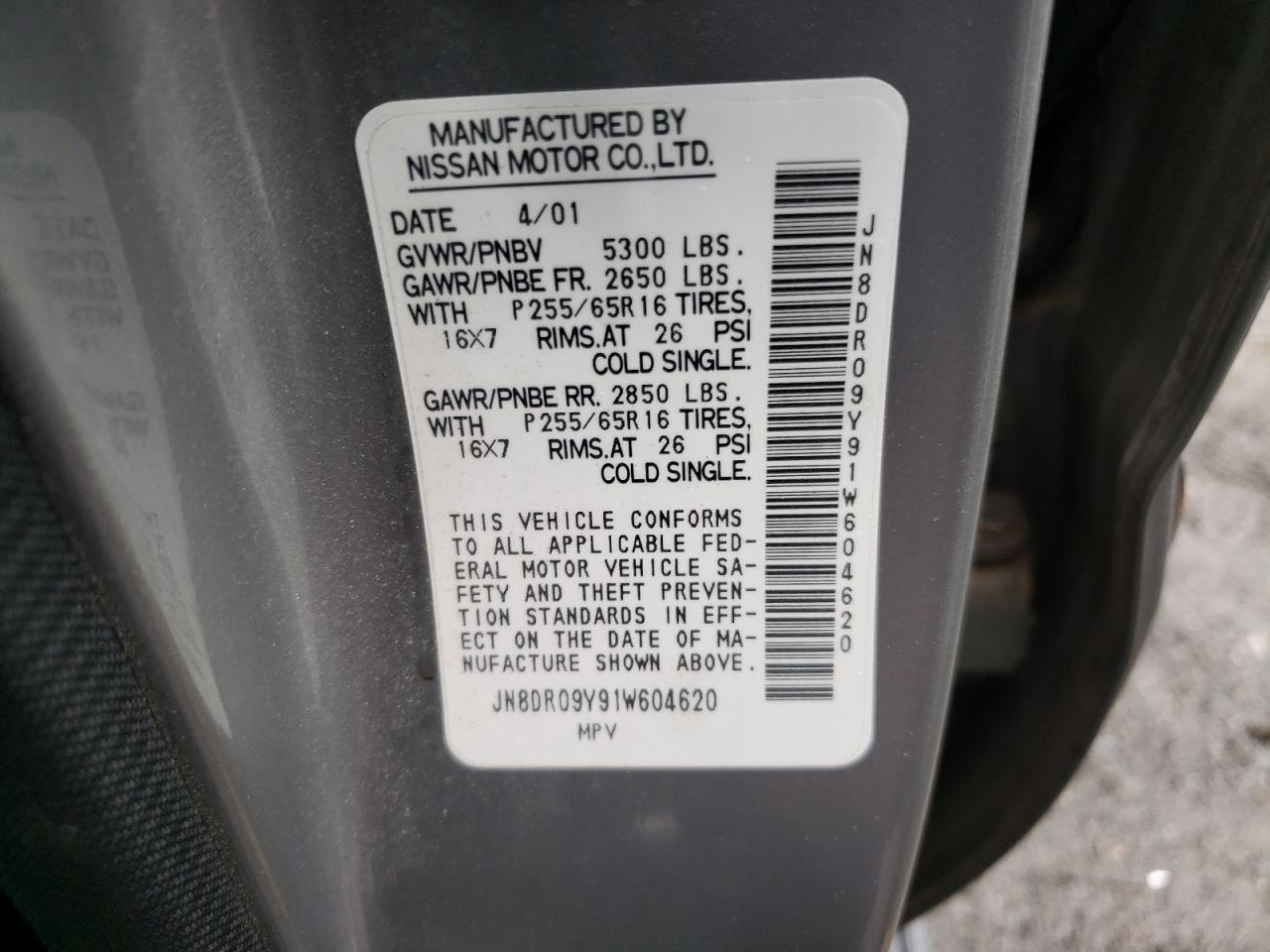 Photo 10 from auction – 2001 NISSAN PATHFINDER with VIN JN8DR09Y91W604620