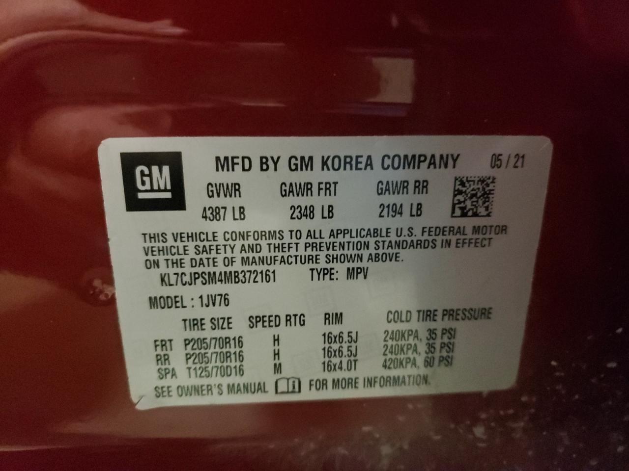 Photo 10 from auction – 2021 CHEVROLET TRAX 1LT with VIN KL7CJPSM4MB372161