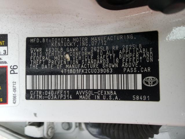 TOYOTA CAMRY HYBR 2012 with VIN 4T1BD1FK2CU039063 - Photo from auction