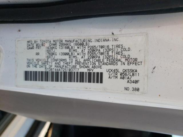 Photo 10 from auction – 2002 TOYOTA SEQUOIA SR with VIN 5TDBT44A72S103717