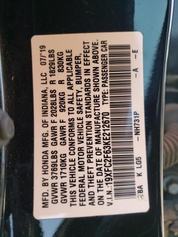 Photo 10 from auction – 2019 HONDA CIVIC LX with VIN 19XFC2F63KE212670