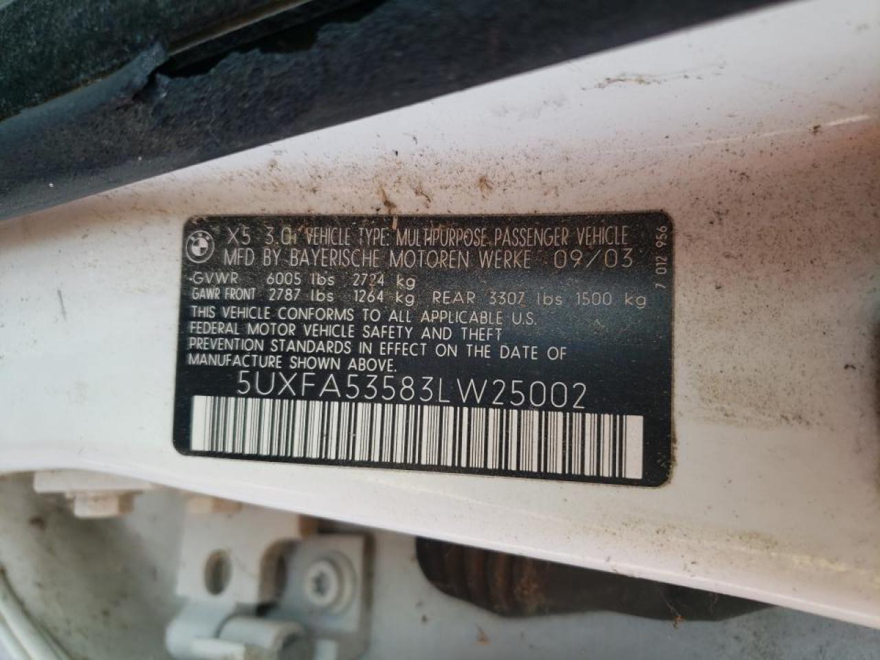 Photo 10 from auction – 2003 BMW X5 3.0I with VIN 5UXFA53583LW25002