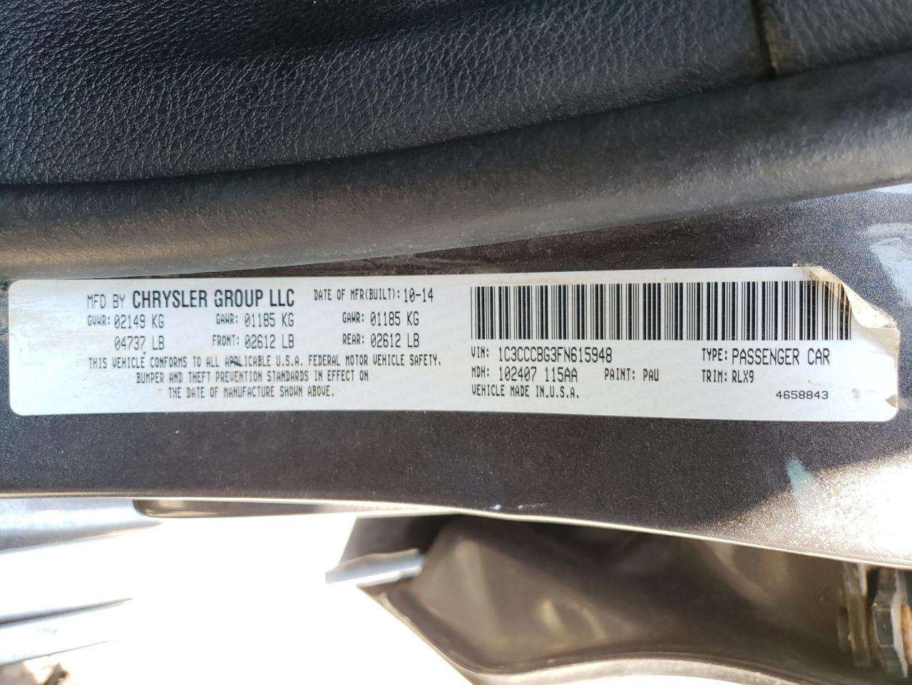 Photo 10 from auction – 2015 CHRYSLER 200 S with VIN 1C3CCCBG3FN615948