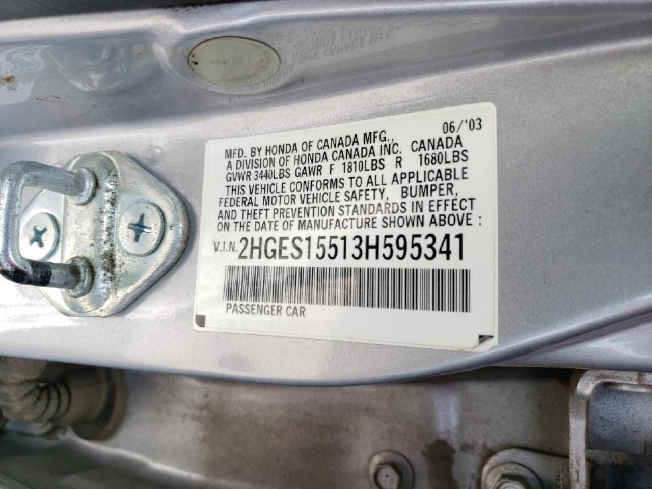 Photo 10 from auction – 2003 HONDA CIVIC LX with VIN 2HGES15513H595341